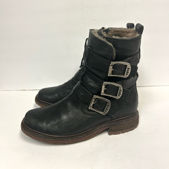 Frye Boots Valerie Women's Strappy Sz 6 Black Leather Shearling Moto Buckle - Picture 5 of 16